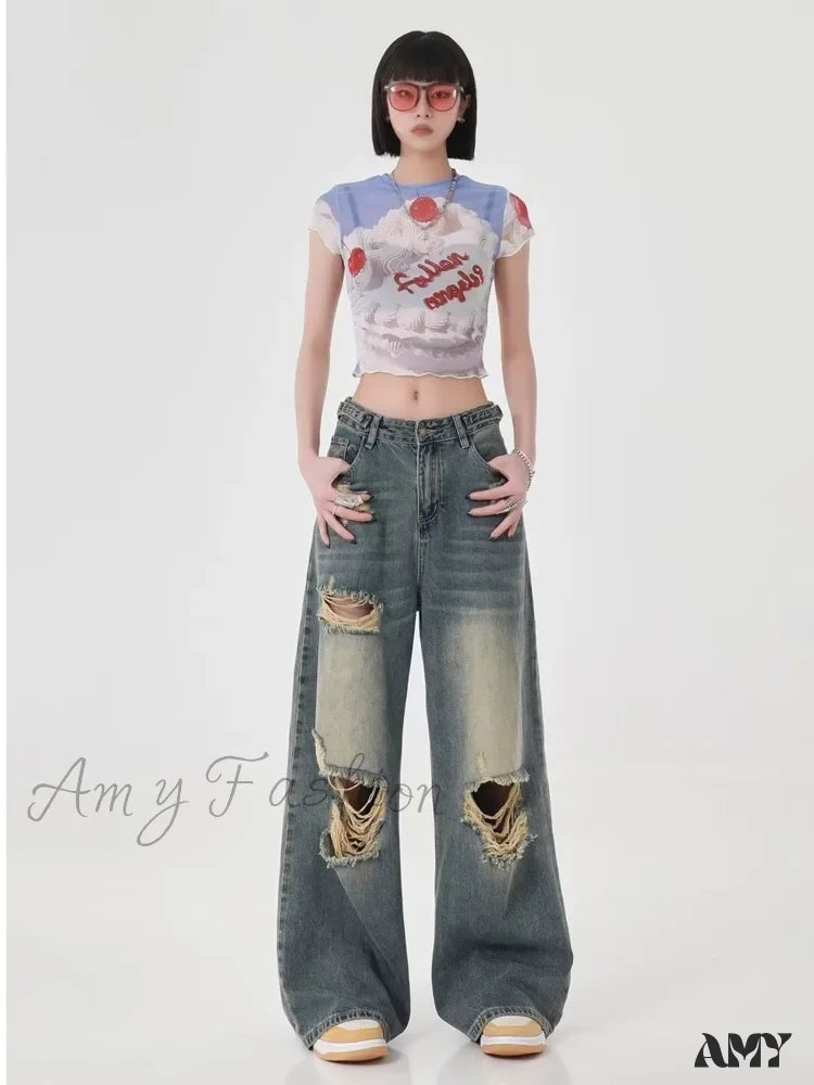 Amy Fashion - Perforated Women's Summer New INS Fashion Brand Straight Tube Loose Sweeping High Street Jean