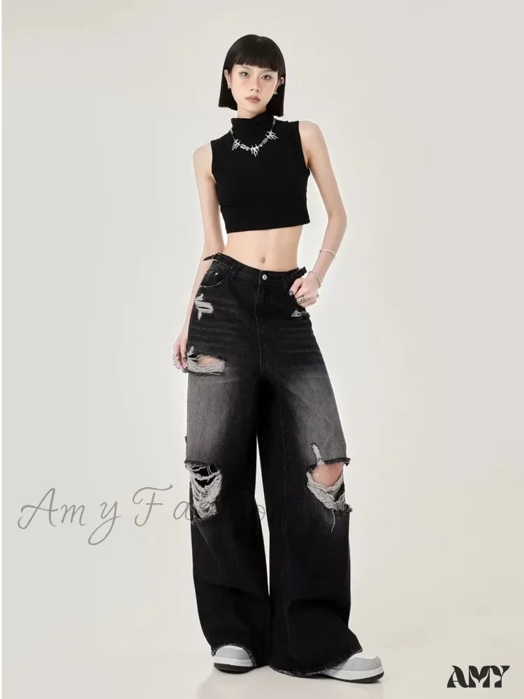 Amy Fashion - Perforated Women's Summer New INS Fashion Brand Straight Tube Loose Sweeping High Street Jean
