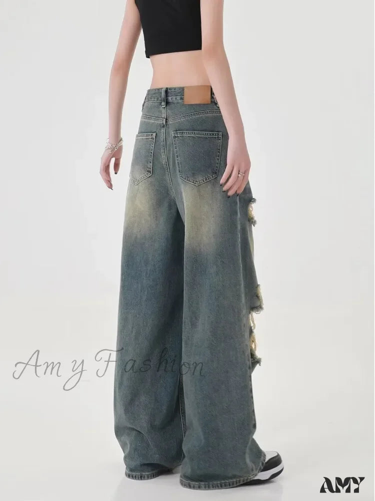 Amy Fashion - Perforated Women's Summer New INS Fashion Brand Straight Tube Loose Sweeping High Street Jean