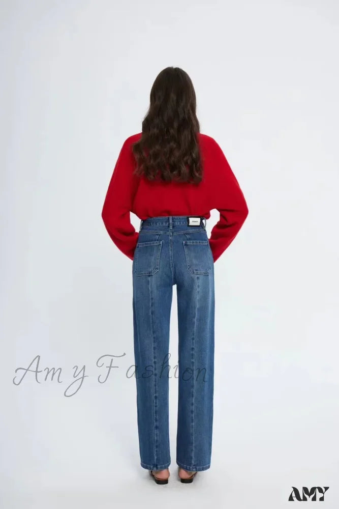Amy Fashion - Pockets Women Temperament High Waist Straight Denim Pant Females Vintage Simple Streetwear Washed Chic 2024 New Jean
