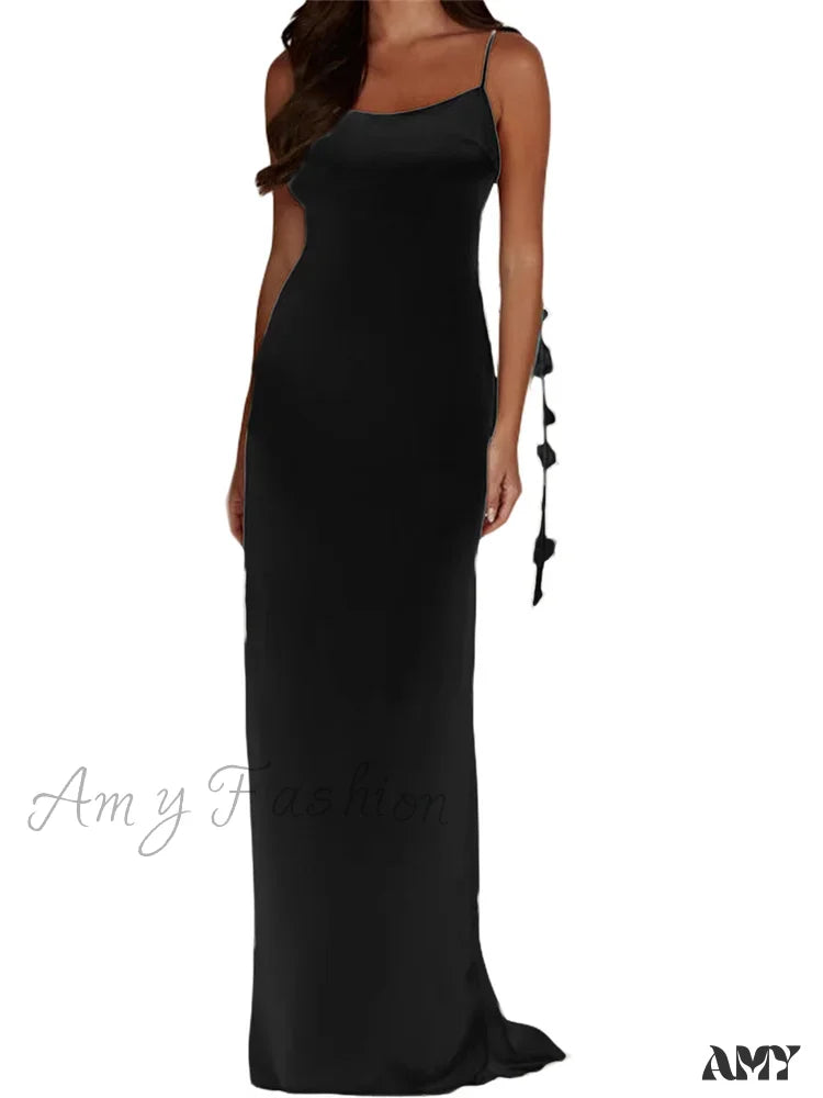 Amy Fashion - Satin Backless Spaghetti Strap for Women Sexy Backless 3D Flower Tassels Party Cocktail Y2K Vestidos