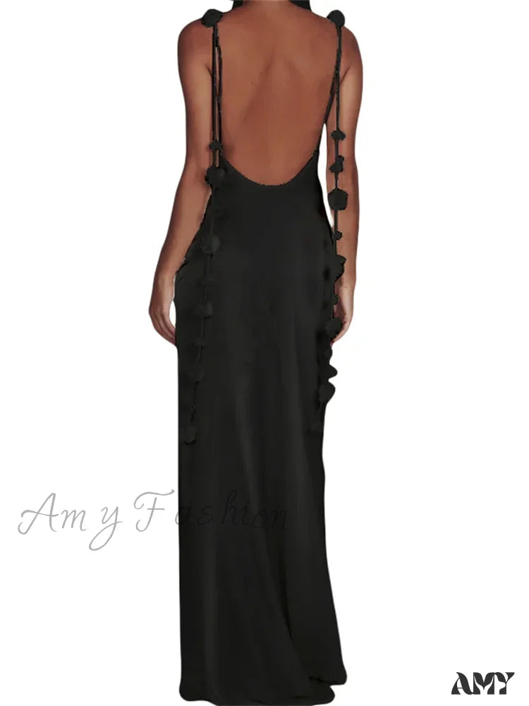 Amy Fashion - Satin Backless Spaghetti Strap for Women Sexy Backless 3D Flower Tassels Party Cocktail Y2K Vestidos