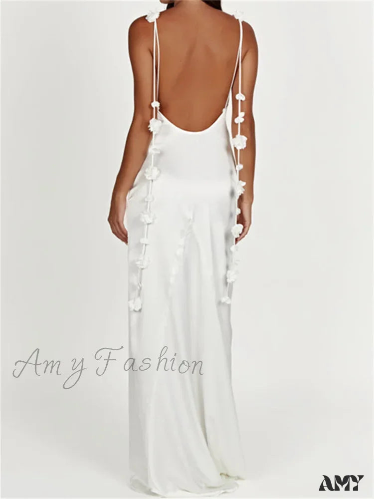 Amy Fashion - Satin Backless Spaghetti Strap for Women Sexy Backless 3D Flower Tassels Party Cocktail Y2K Vestidos