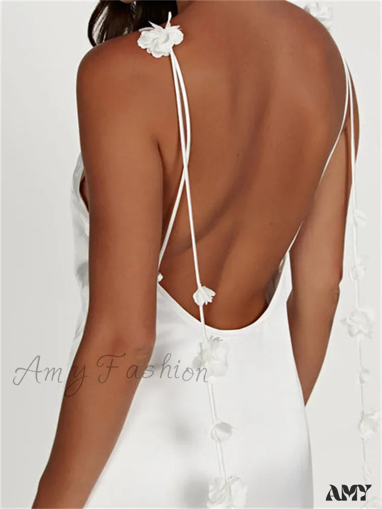 Amy Fashion - Satin Backless Spaghetti Strap for Women Sexy Backless 3D Flower Tassels Party Cocktail Y2K Vestidos
