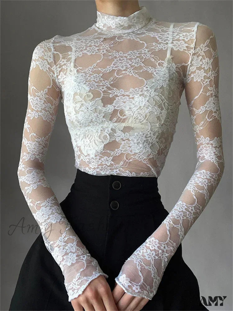 Amy Fashion - See Through Crop Top Long Sleeve High Neck Lace Floral Slim Fit T-shirts