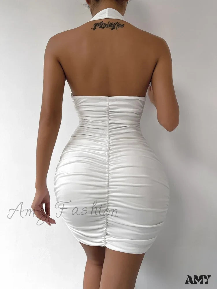 Halter Plunge V-Neck Ruched Bodycon Mini Dress 6