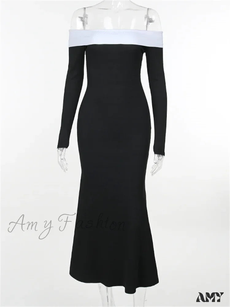 Amy Fashion - Sexy Women Slash Neck Off Shoulder Sleeve Contrast Color Slim Fit Party Formal Female Vestidos