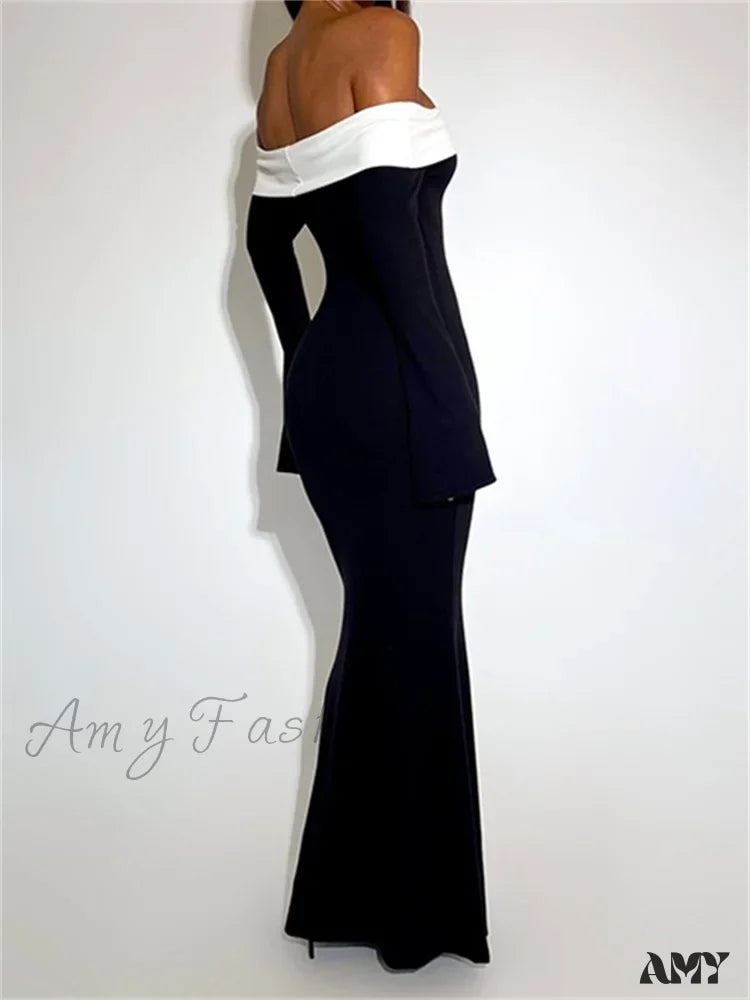 Amy Fashion - Sexy Women Slash Neck Off Shoulder Sleeve Contrast Color Slim Fit Party Formal Female Vestidos