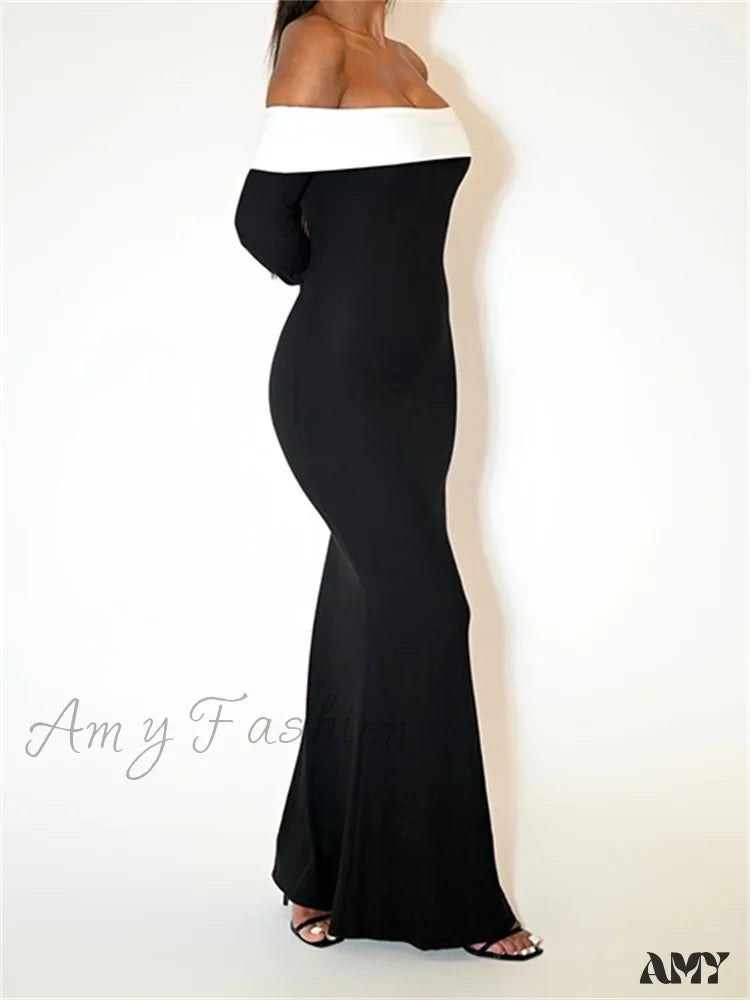Amy Fashion - Sexy Women Slash Neck Off Shoulder Sleeve Contrast Color Slim Fit Party Formal Female Vestidos