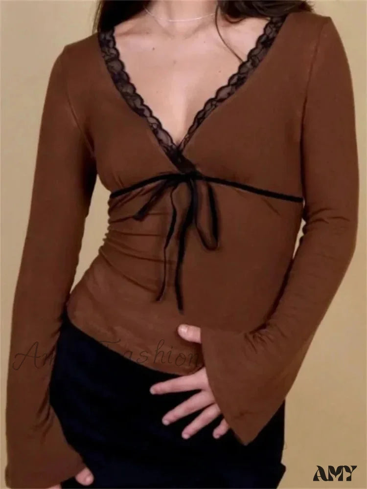 Amy Fashion - Spring Autumn Slim Fit Long Flare Sleeve V Neck Lace Patchwork T-Shirts Brown / S