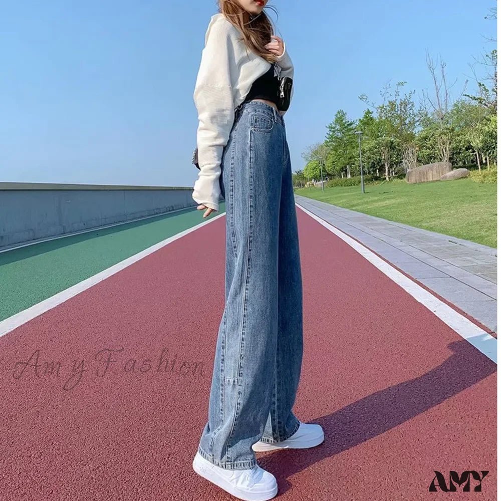 Amy Fashion - Fashion Straight Women Pant Woman High Waist Denim Pants Wide Leg Denim Clothing Blue Vintage Quality Jean