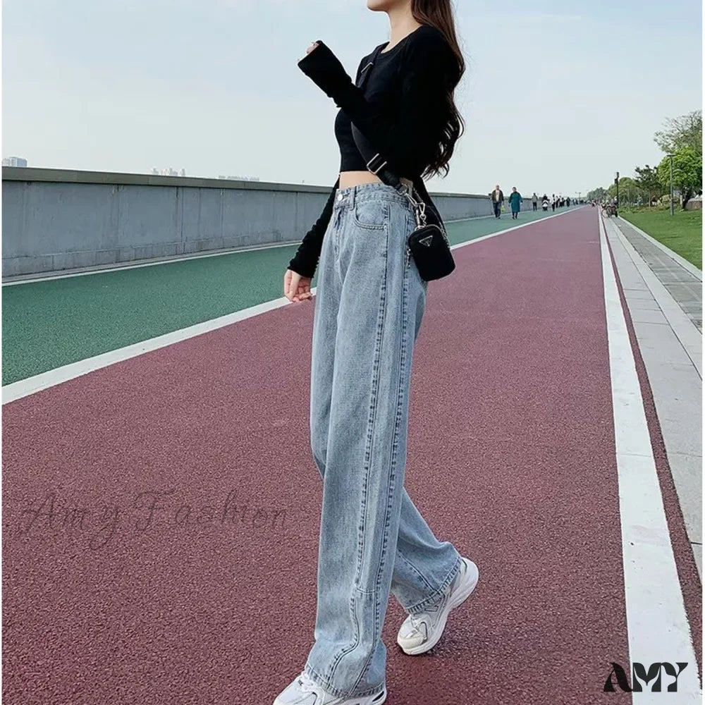Amy Fashion - Fashion Straight Women Pant Woman High Waist Denim Pants Wide Leg Denim Clothing Blue Vintage Quality Jean