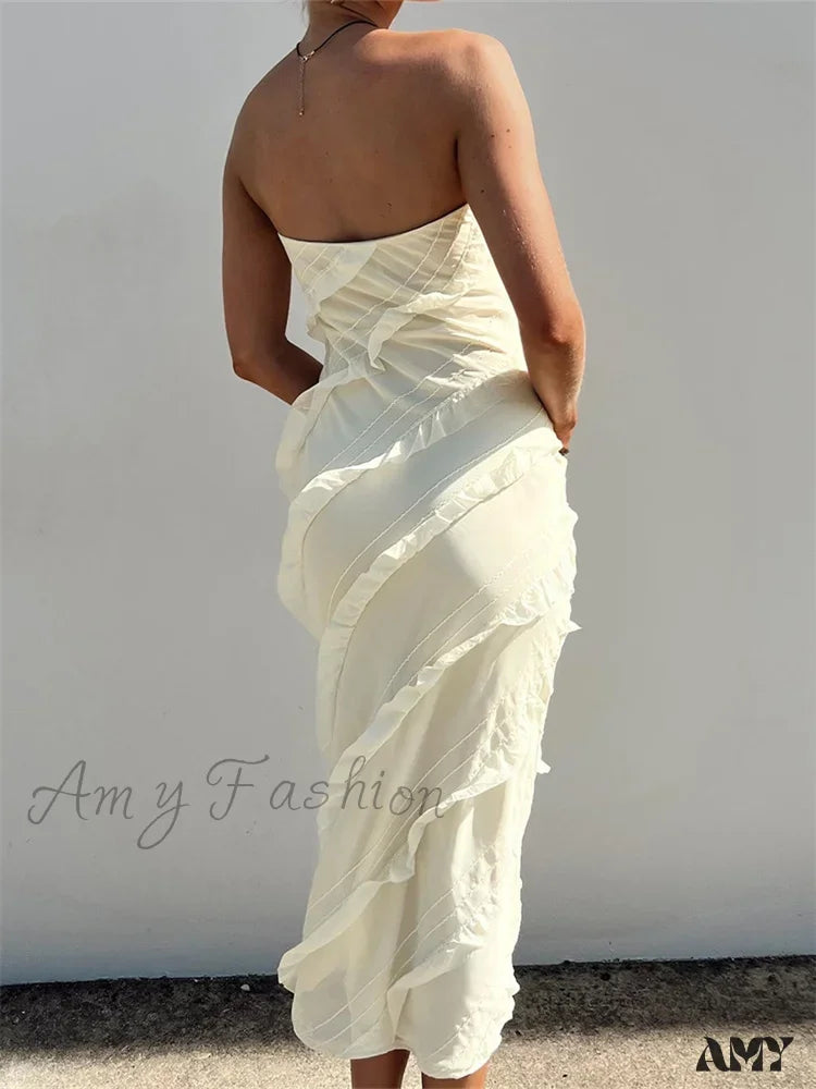 Amy Fashion - Strapless Off Shoulder Tube Elegant Women Ruffles Summer Party Bodycon Solid Female Vestidos