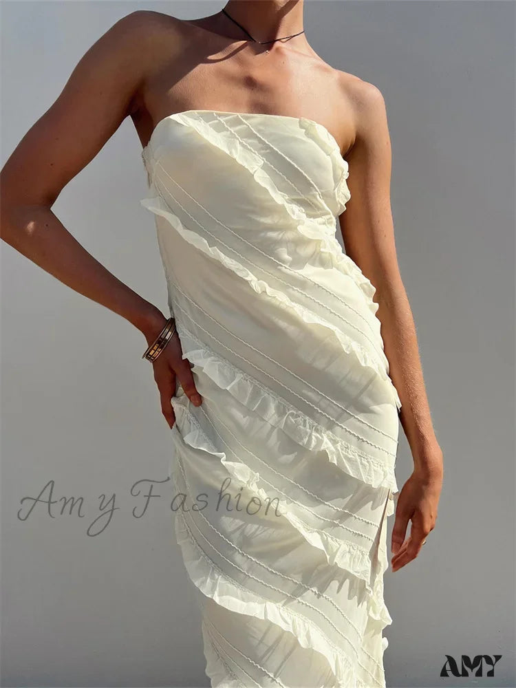 Amy Fashion - Strapless Off Shoulder Tube Elegant Women Ruffles Summer Party Bodycon Solid Female Vestidos