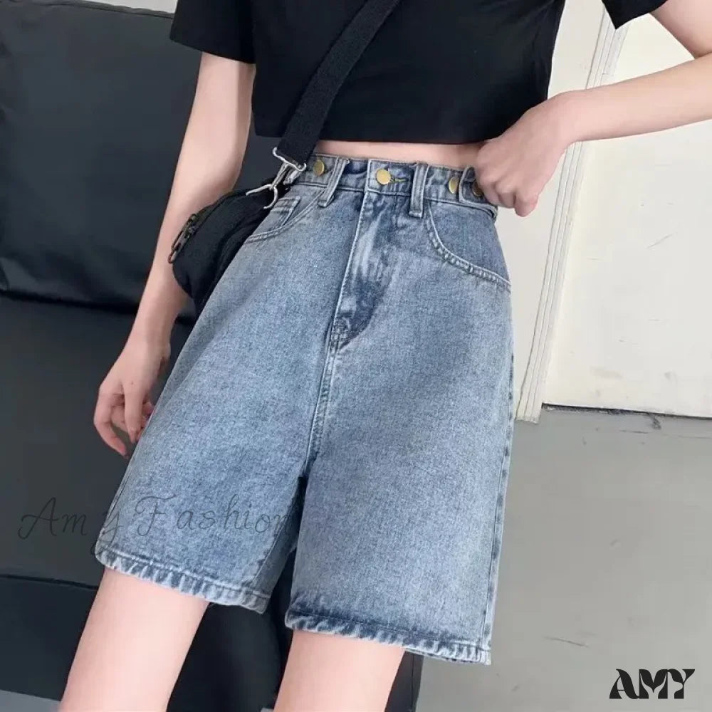 Amy Fashion - Streetwear Summer Half High-Waisted Belted Loose Female Short Fashion Jean