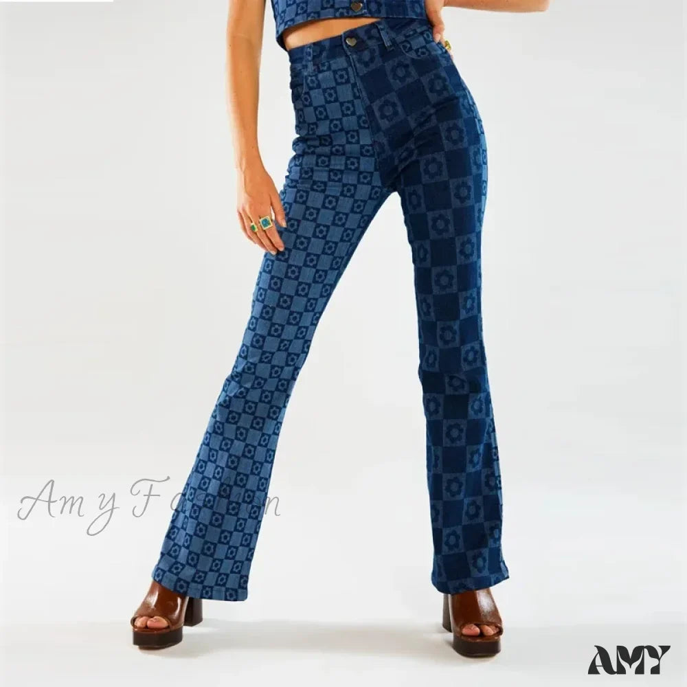 Amy Fashion - Stretch Fashion Print Women's High Waist Flare Women Long Summer Casual Streetwear Denim Pant Jean