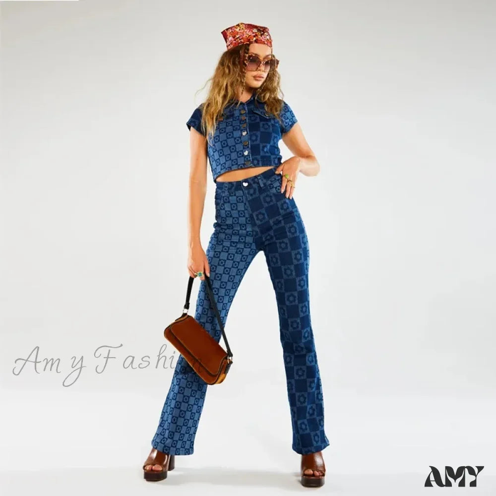Amy Fashion - Stretch Fashion Print Women's High Waist Flare Women Long Summer Casual Streetwear Denim Pant Jean