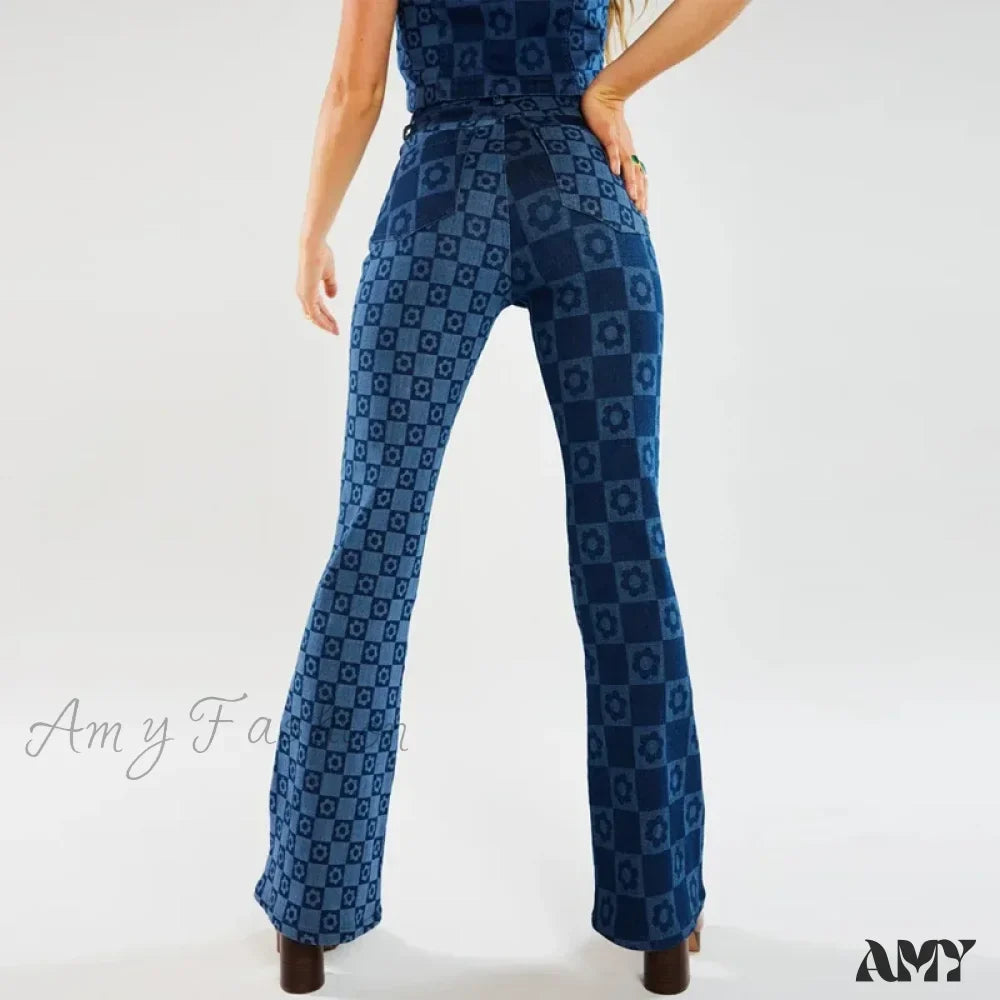 Amy Fashion - Stretch Fashion Print Women's High Waist Flare Women Long Summer Casual Streetwear Denim Pant Jean