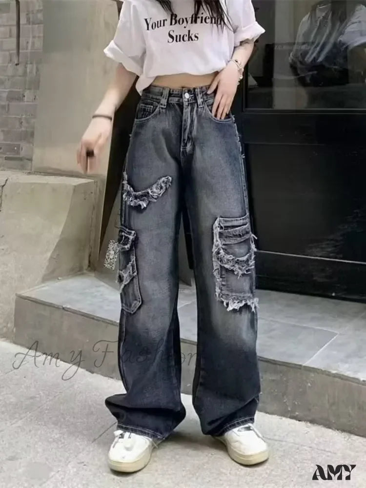 Amy Fashion - Summer Vintage Washed and Worn Out Versatile Straight Drop High Waist Wide Leg Women's Jean