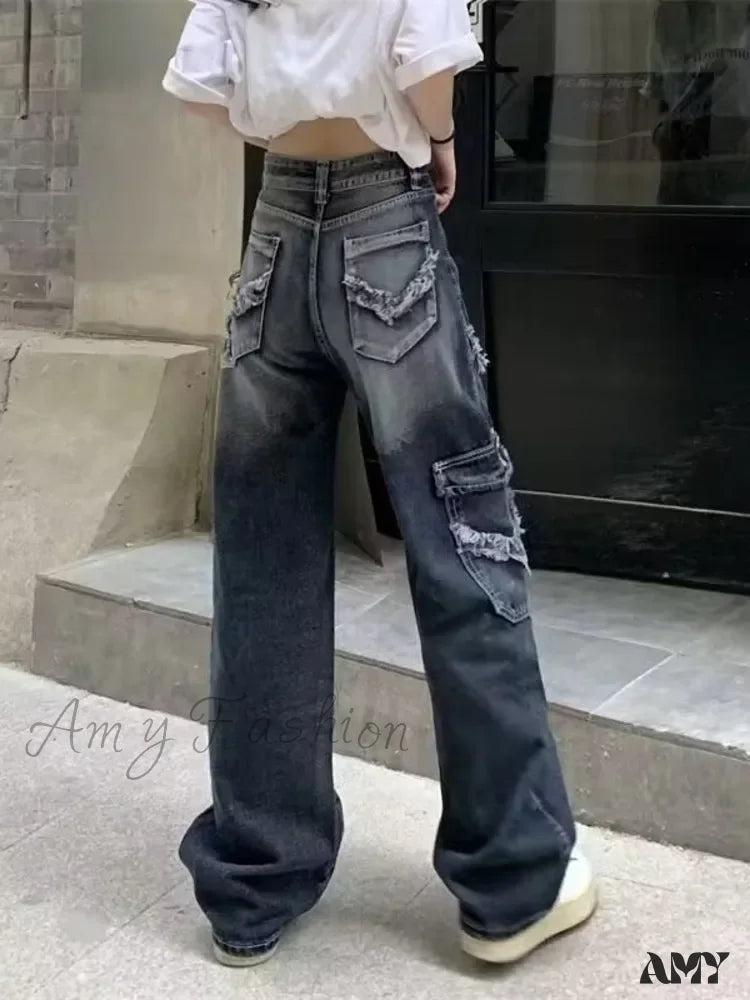 Amy Fashion - Summer Vintage Washed and Worn Out Versatile Straight Drop High Waist Wide Leg Women's Jean