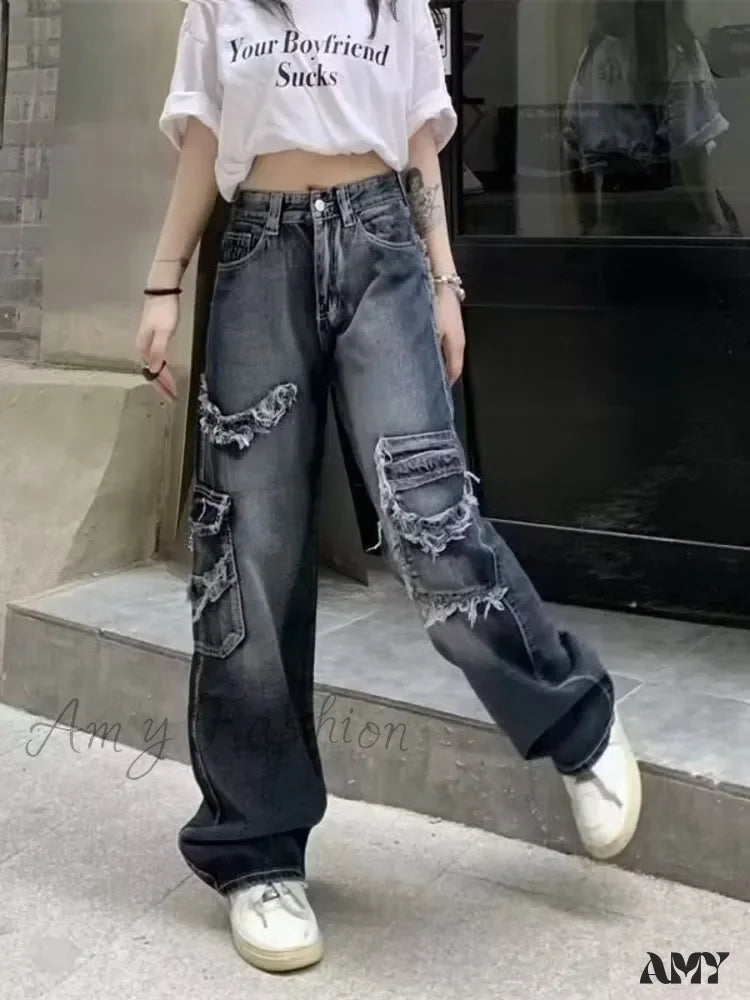 Amy Fashion - Summer Vintage Washed and Worn Out Versatile Straight Drop High Waist Wide Leg Women's Jean