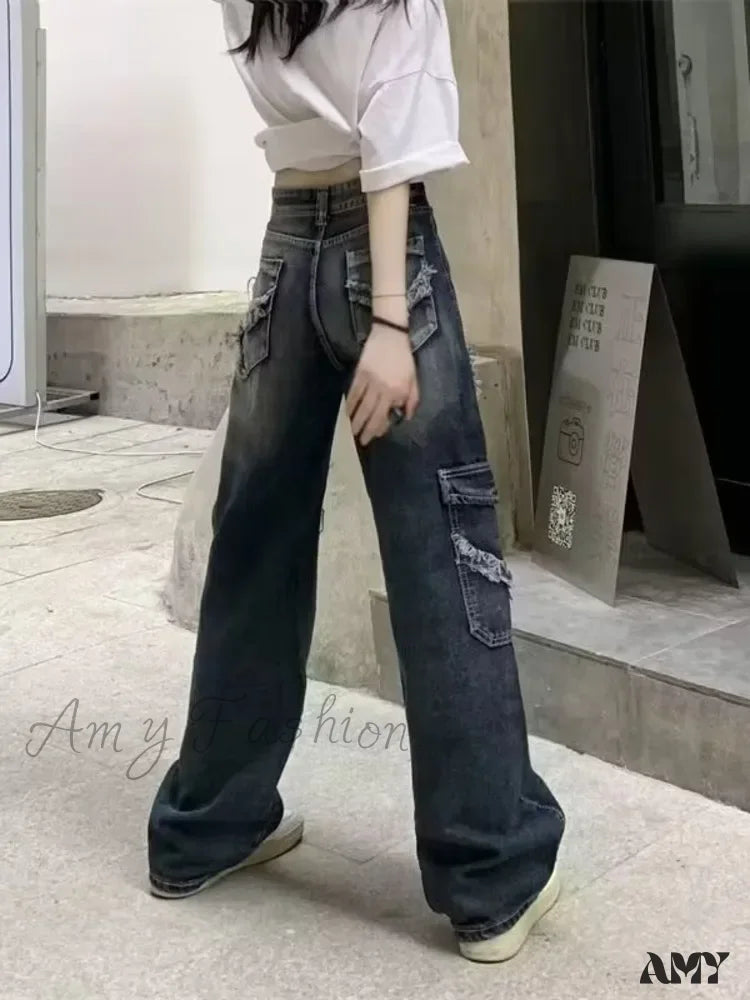 Amy Fashion - Summer Vintage Washed and Worn Out Versatile Straight Drop High Waist Wide Leg Women's Jean