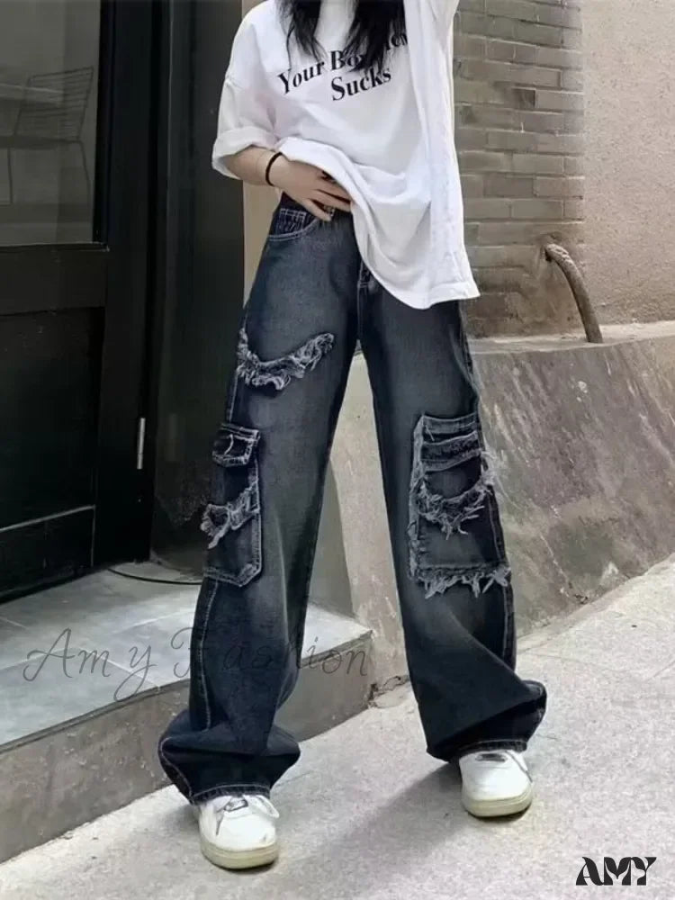 Amy Fashion - Summer Vintage Washed and Worn Out Versatile Straight Drop High Waist Wide Leg Women's Jean