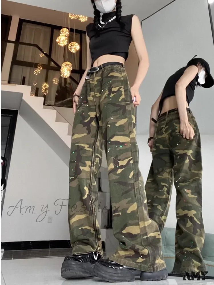 Amy Fashion - Trendy Hip-hop Vintage Versatile Work Clothes Loose Splashed Ink Camouflage Wide Leg Jean