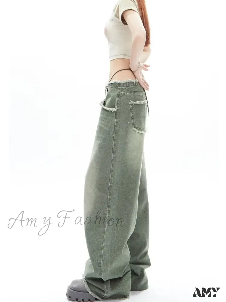Amy Fashion - Vintage Green Wide Leg High Street High Waisted Drape Straight Leg Vintage Women's Jean