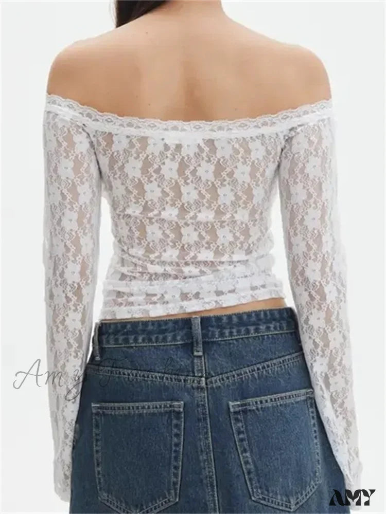 Amy Fashion - Vintage Lace Crop Tops Long Sleeve Off-Shoulder Casual Pullovers T-shirts