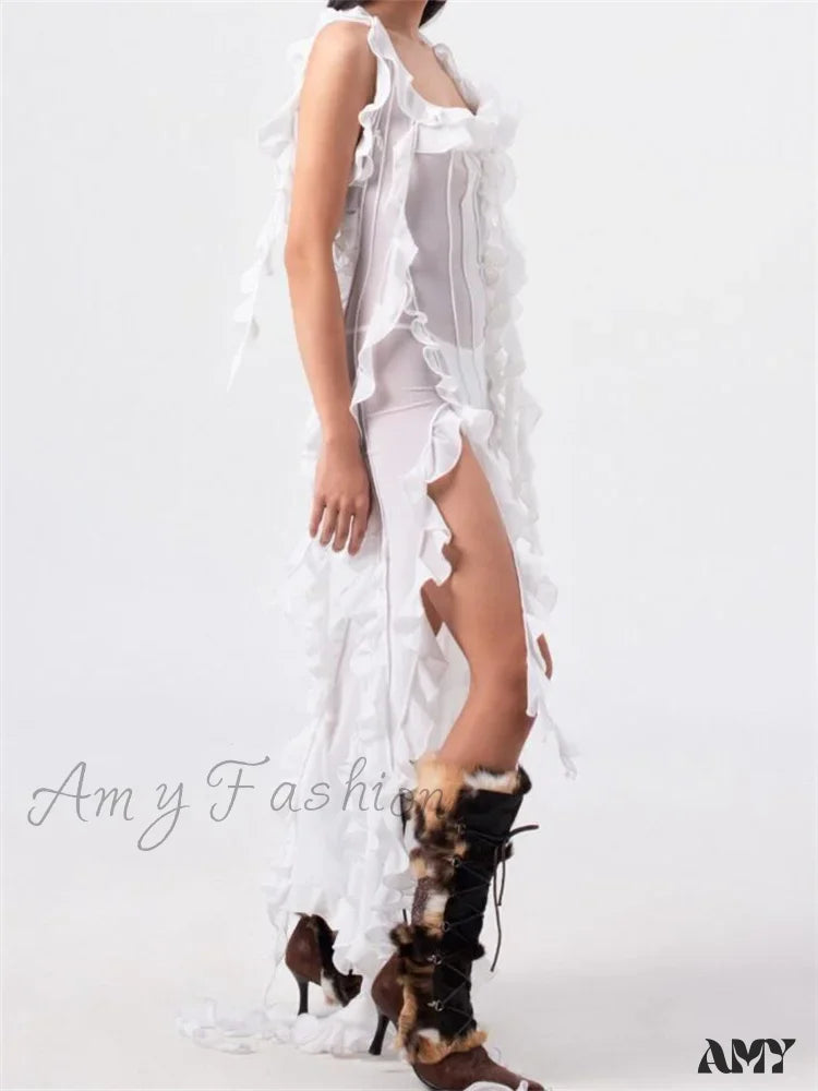 Amy Fashion - Women 3D Floral Tassels Ruffles Sheer Mesh See Through Y2K Off Shoulder Backless Sexy Vestidos Clubwear