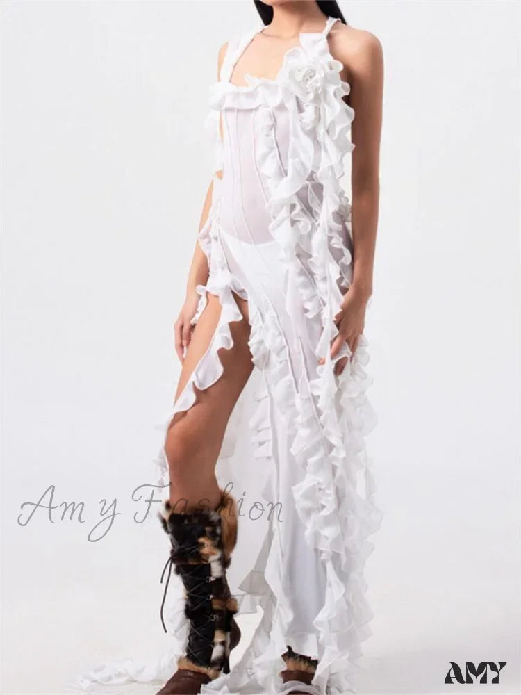 Amy Fashion - Women 3D Floral Tassels Ruffles Sheer Mesh See Through Y2K Off Shoulder Backless Sexy Vestidos Clubwear