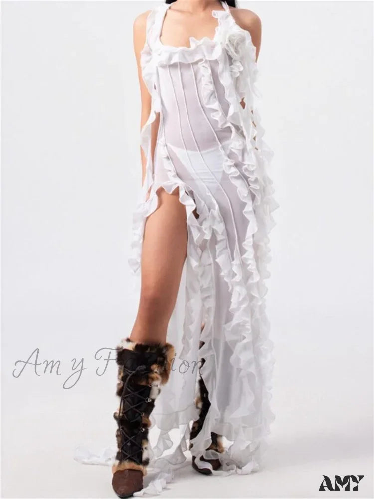 Amy Fashion - Women 3D Floral Tassels Ruffles Sheer Mesh See Through Y2K Off Shoulder Backless Sexy Vestidos Clubwear