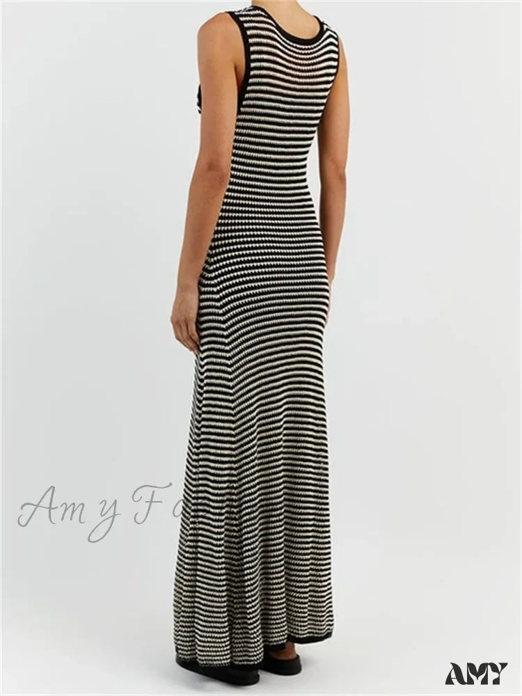Amy Fashion - Women Knitted Sleeveless Round Neck Striped Slim Summer Club Party Female Vestidos Streetwear