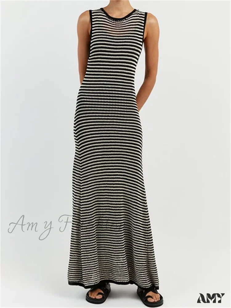 Amy Fashion - Women Knitted Sleeveless Round Neck Striped Slim Summer Club Party Female Vestidos Streetwear