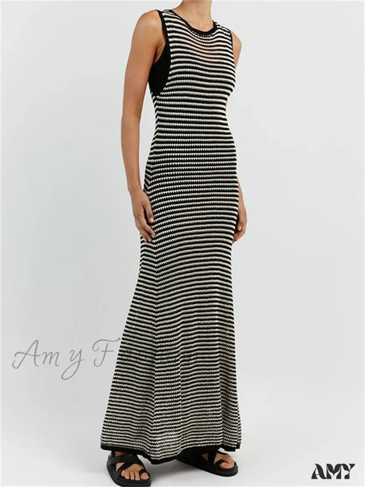 Amy Fashion - Women Knitted Sleeveless Round Neck Striped Slim Summer Club Party Female Vestidos Streetwear