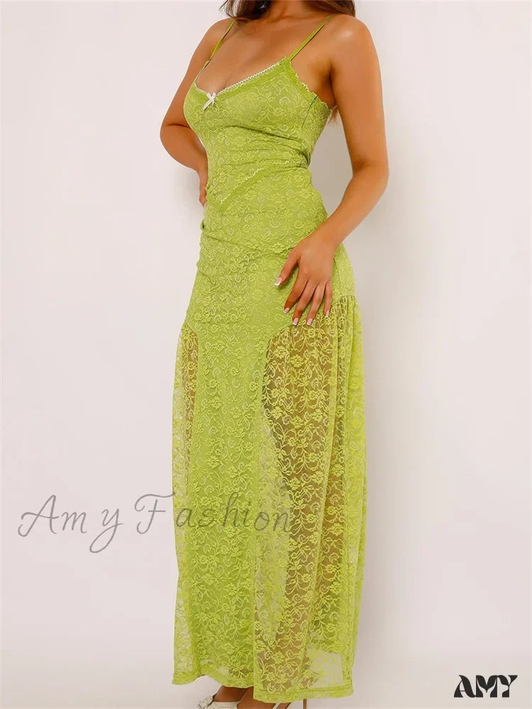 Amy Fashion - Women Lace V-neck Low Cut Sleeveless Spaghetti Strap Solid Color Bodycon Elegant Party Vestidos