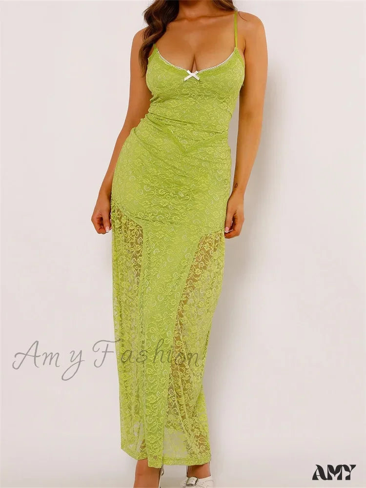 Amy Fashion - Women Lace V-neck Low Cut Sleeveless Spaghetti Strap Solid Color Bodycon Elegant Party Vestidos