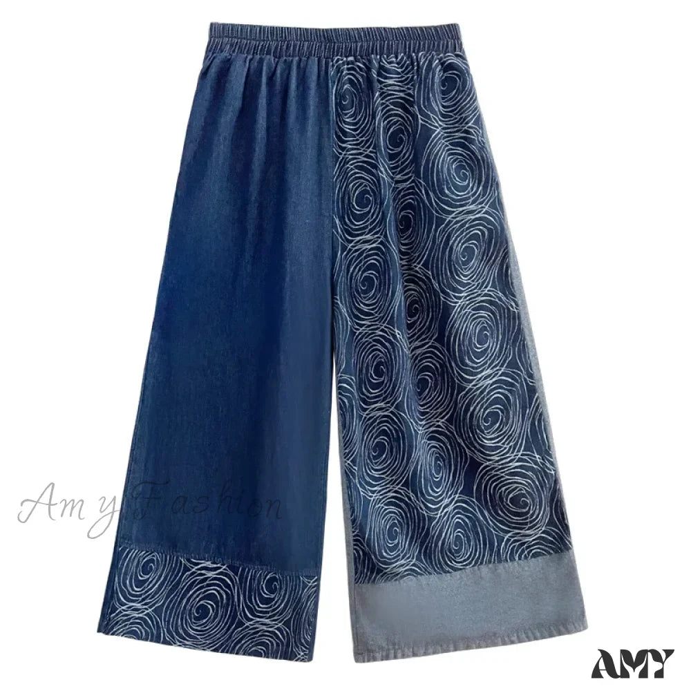 Amy Fashion - Women Patchwork Casual Denim High Elastic Waist Personality Fashion Loose Wide Leg Korea 2024 Spring Autumn New Jean