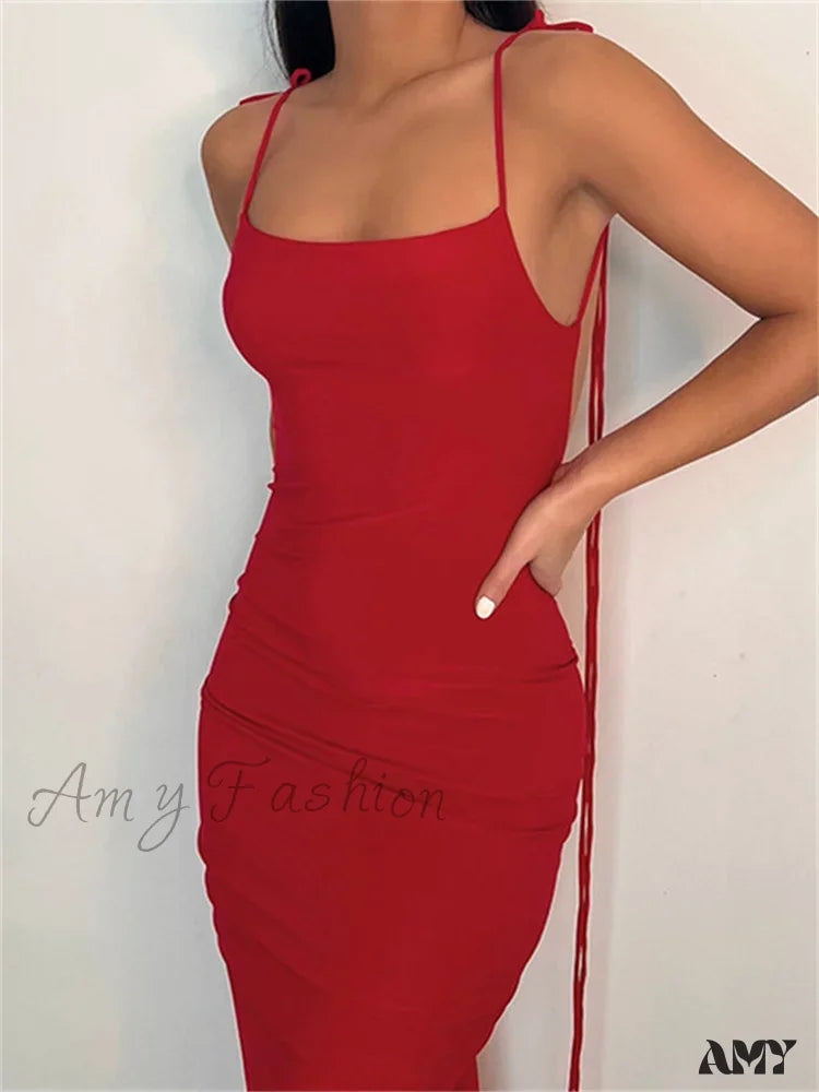 Amy Fashion - Women Sexy Backless Ruched Adjustable Lace-up Strap Slim Elegant Solid Party Female Vestido Clubwear