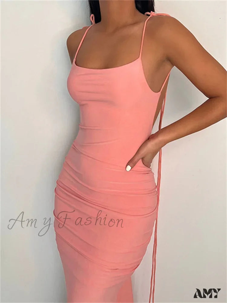 Amy Fashion - Women Sexy Backless Ruched Adjustable Lace-up Strap Slim Elegant Solid Party Female Vestido Clubwear