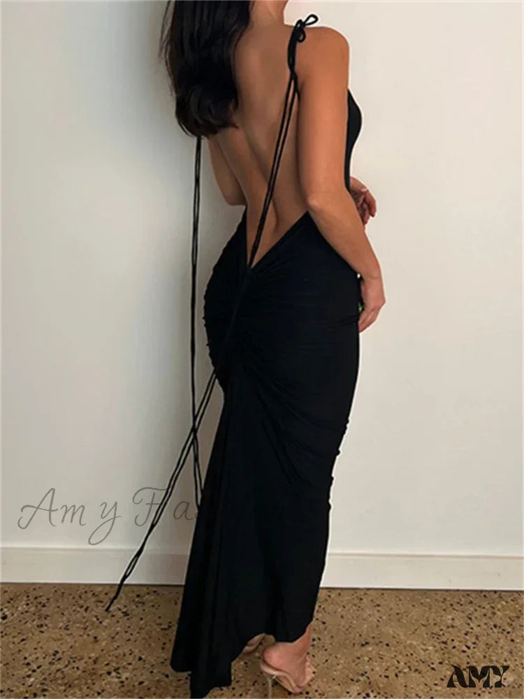 Amy Fashion - Women Sexy Backless Ruched Adjustable Lace-up Strap Slim Elegant Solid Party Female Vestido Clubwear