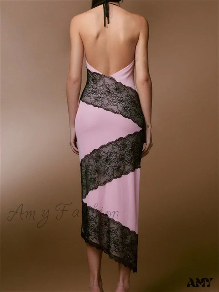 Amy Fashion - Women Sleeveless Halter Tie-up Backless Lace Patchwork Slim Asymmetrical Hem Cocktail Vestidos