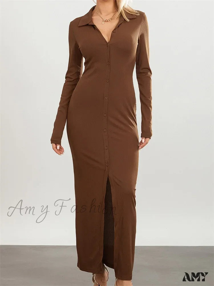 Amy Fashion - Women Slim Fit Sleeve Button Down Turn Down Collar Evening for Spring Fall Female Vestidos