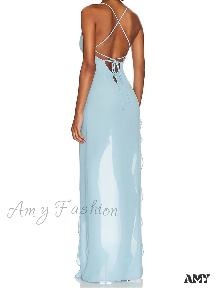 Amy Fashion - Women Summer Sleeveless Spaghetti Strap Irregular Hem Ruffles Side High Split Party Female Vestidos