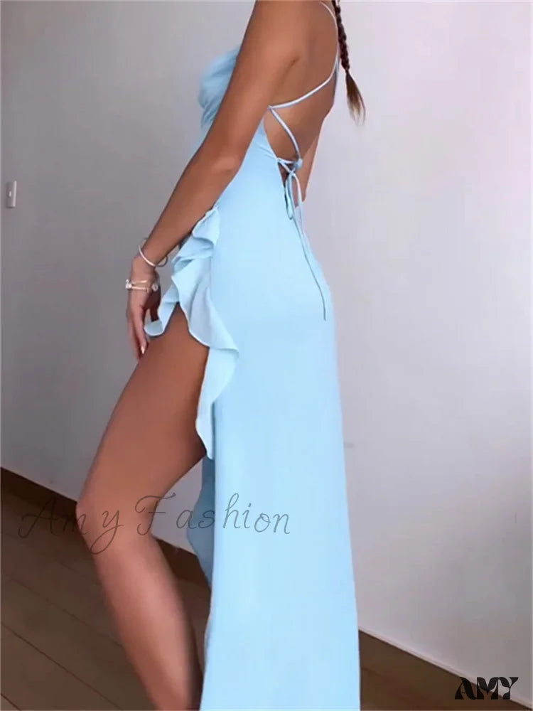 Amy Fashion - Women Summer Sleeveless Spaghetti Strap Irregular Hem Ruffles Side High Split Party Female Vestidos