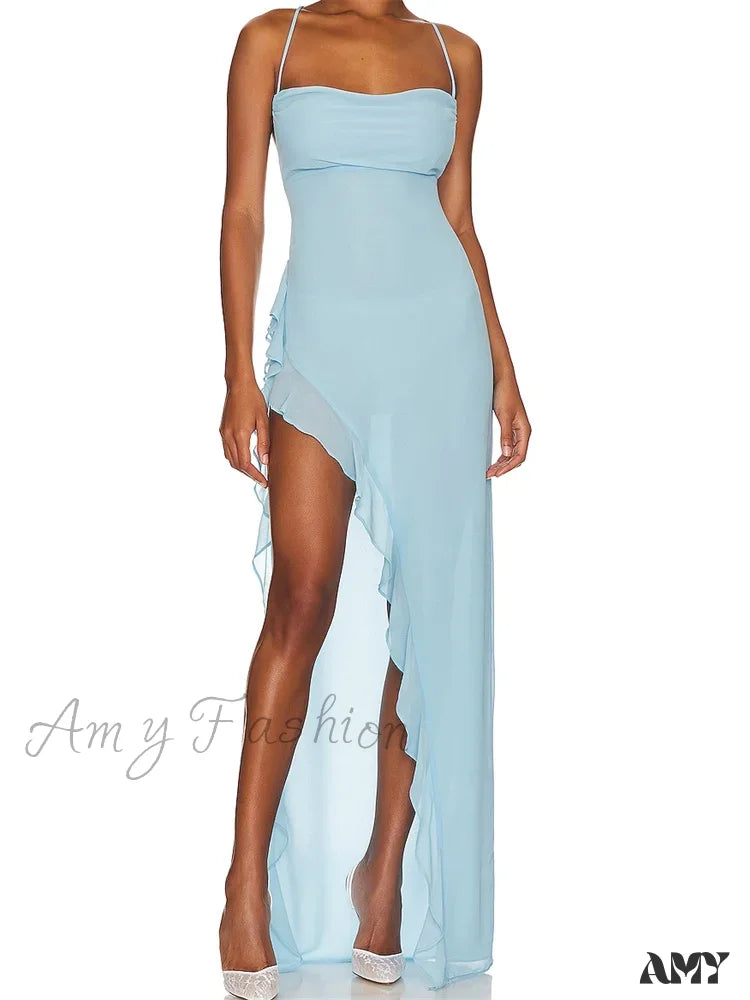 Amy Fashion - Women Summer Sleeveless Spaghetti Strap Irregular Hem Ruffles Side High Split Party Female Vestidos