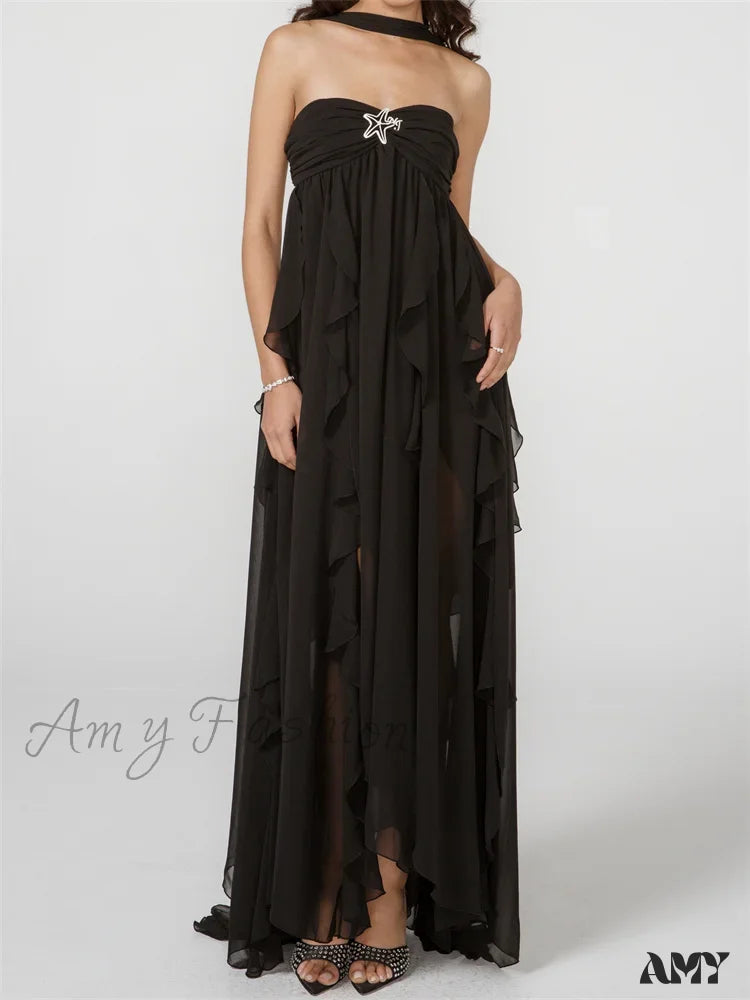 Amy Fashion - Women Y2K Tube Sexy Strapless Off Shoulder Ruffle Tassel Evening Party Halter Backless Vestidos