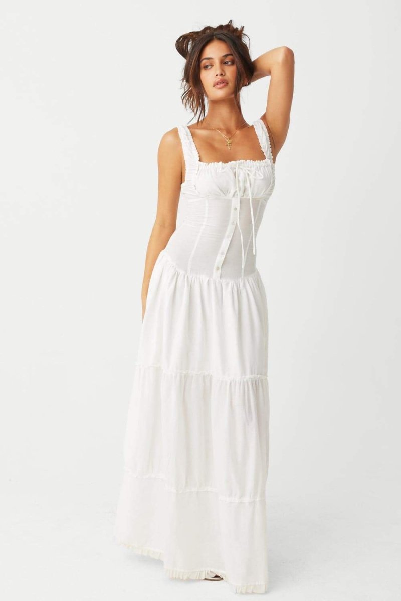Square Neck Tie Front Ruffle Strap Button Tiered Maxi Dress - View 4