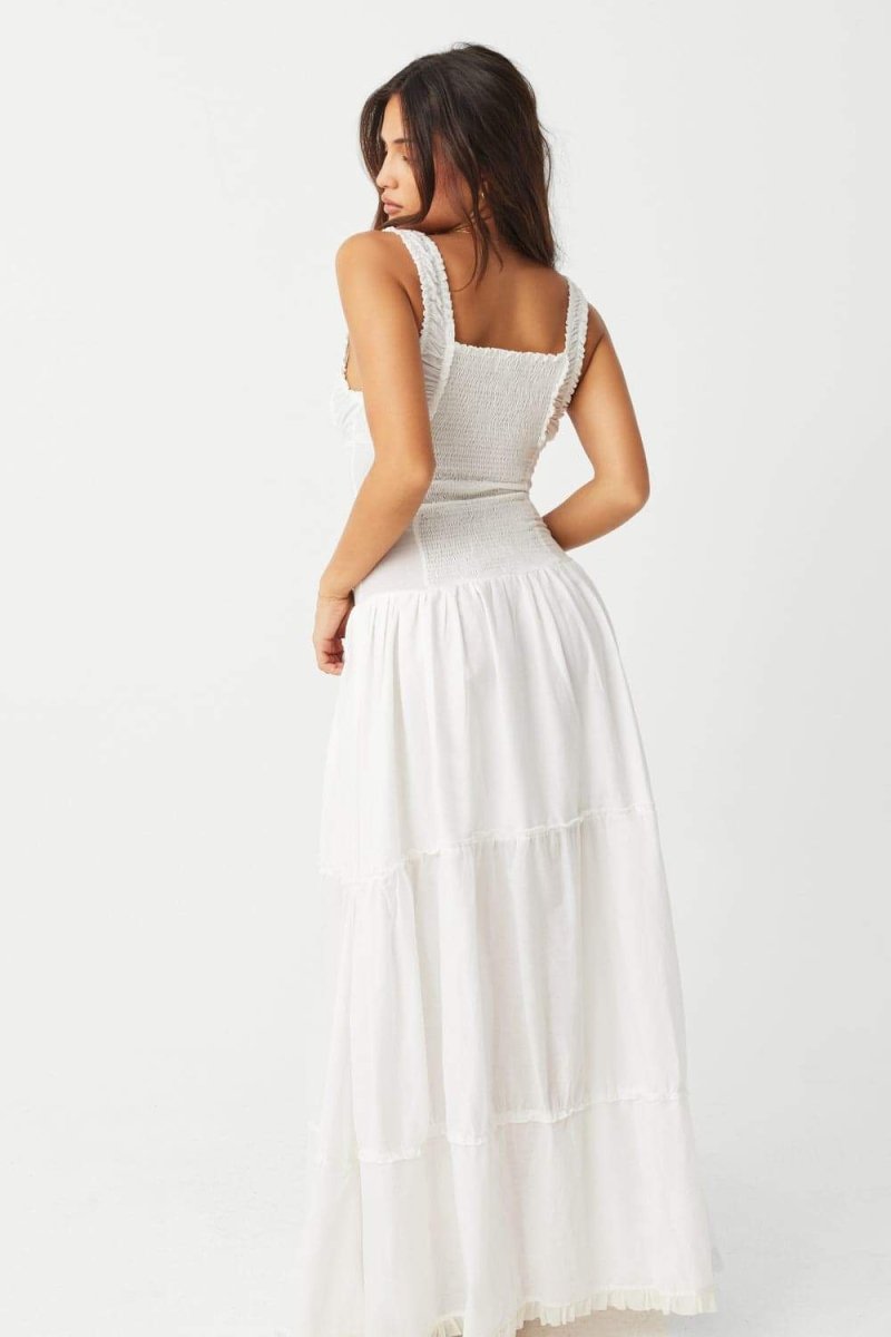 Square Neck Tie Front Ruffle Strap Button Tiered Maxi Dress - View 6